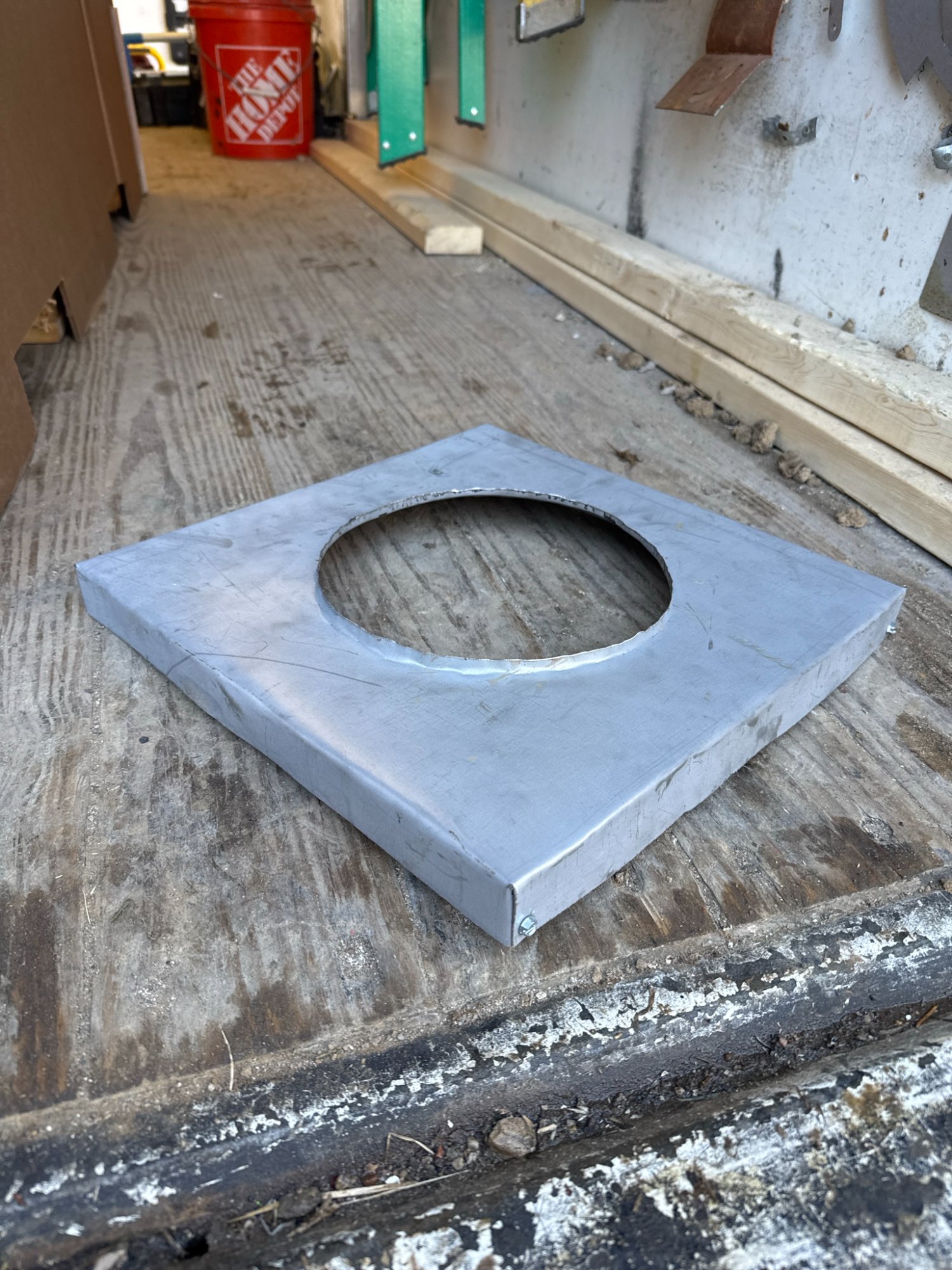 Custom fabricated chase pan with round flue opening — Madison shop
